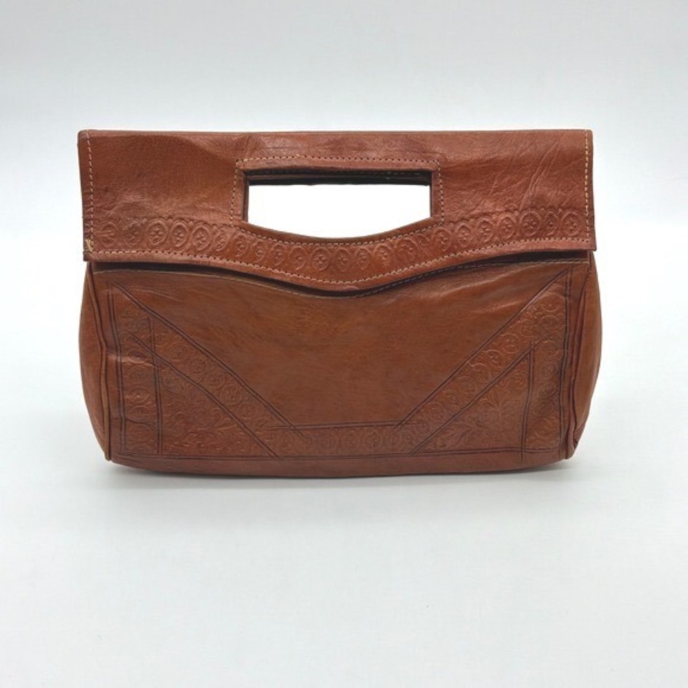 Beautiful Boho Moroccan Leather Clutch Handbag Fold Over Handle Purse Brown
